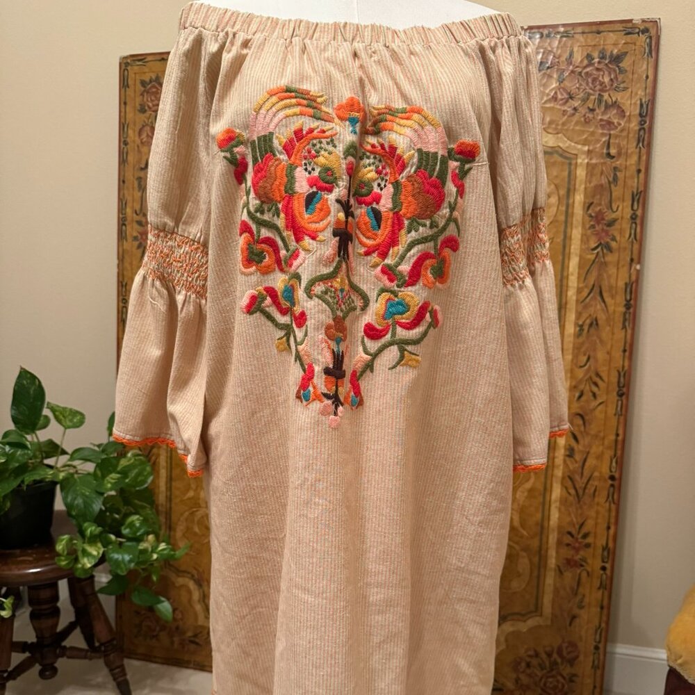 Ivy Jane Dress Striped Embroidered Boho Off Shoulder CottonTunic W Pockets Sz L